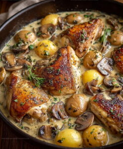 Herb Roasted Chicken White Wine Mushrooms Potatoes Recipe
