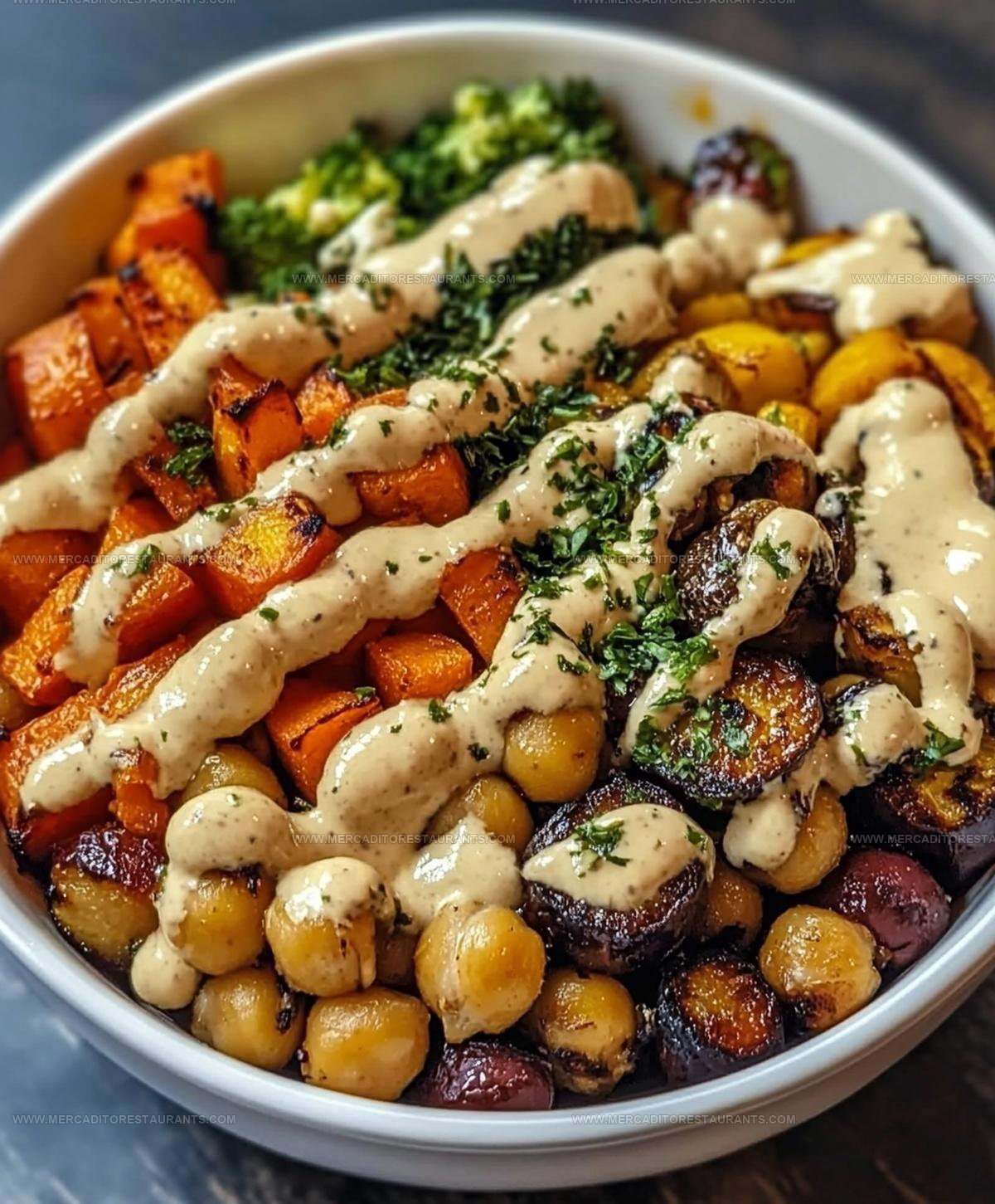 Roasted Vegetable Chickpea Bowl Maple Dijon Tahini Recipe
