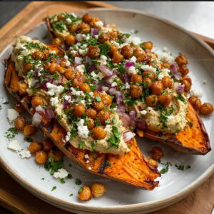 Loaded Roasted Sweet Potatoes Hummus Crispy Chickpeas Recipe