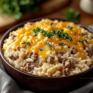 Skillet Style Cheesy Hamburger Rice Casserole Recipe