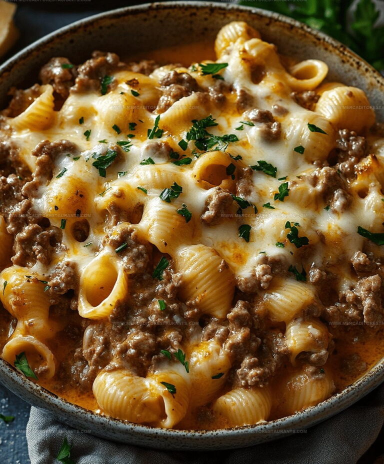 Cheesy Creamy Beef Shells Casserole Recipe