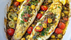 Tomato-Olive Mediterranean Fish Bake Recipe