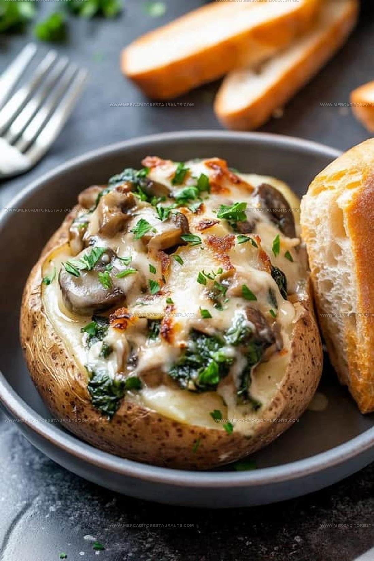Baked Potatoes with Spinach, Cheese, and Mushrooms Recipe